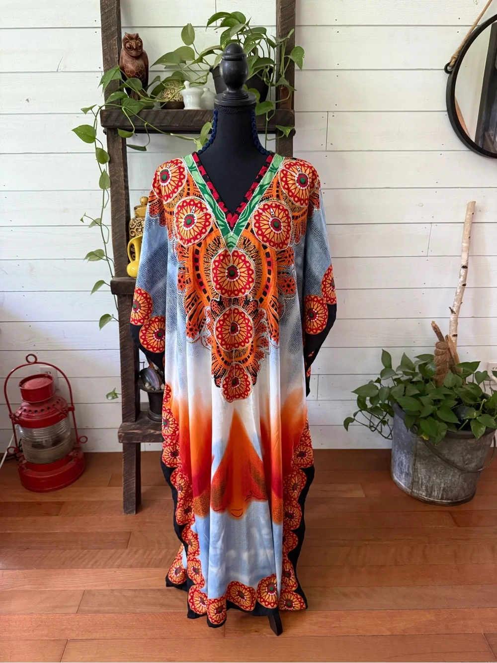 Santé Classics Bohemian V-Neck Kimono in Orange, Black and Blue